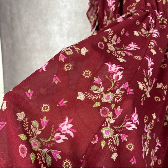 eShakti Floral Print Ruffle Georgette Dress In Maroon Women's Size XL-16 - Picture 6 of 8